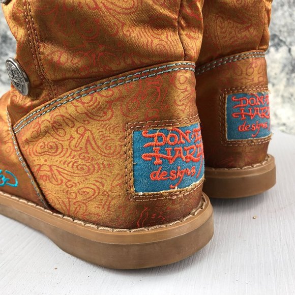 ED HARDY Women's 5 Kiss of Death Geisha Girl Satin Tan Lined Pull On Boots - Picture 5 of 13